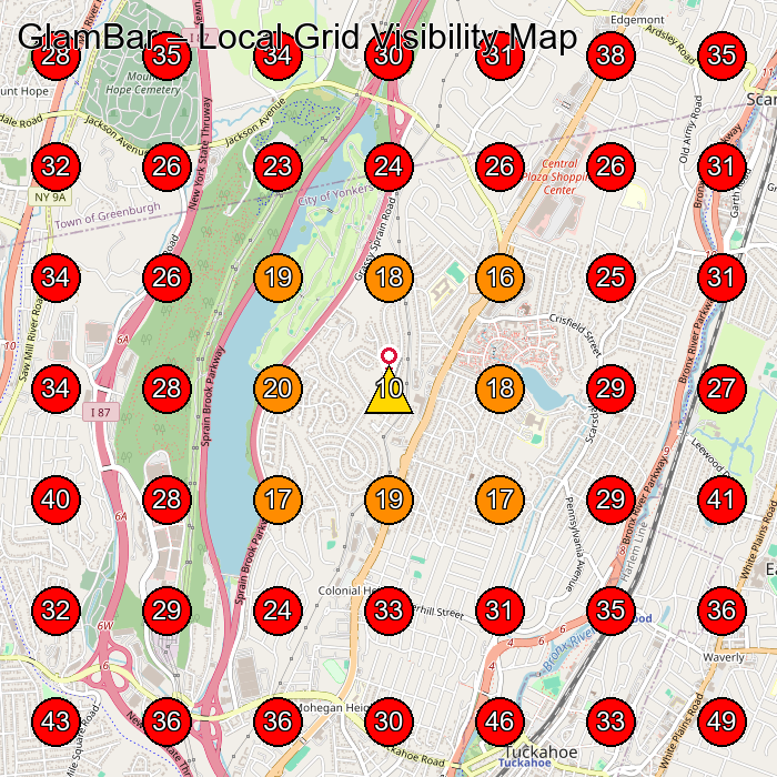 GlamBar GeoGrid visibility map for Hair Salon in Scarsdale